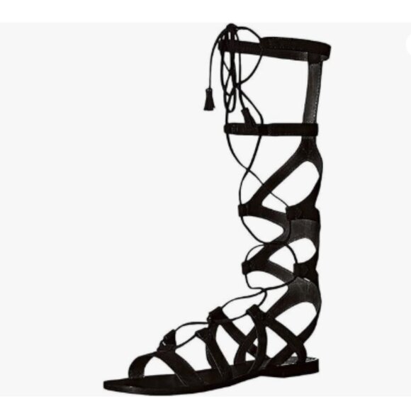 YDN Black Sexy Knee High Lace up Flats Fringe Low Heel Gladiator Strap Sandals - Picture 1 of 8